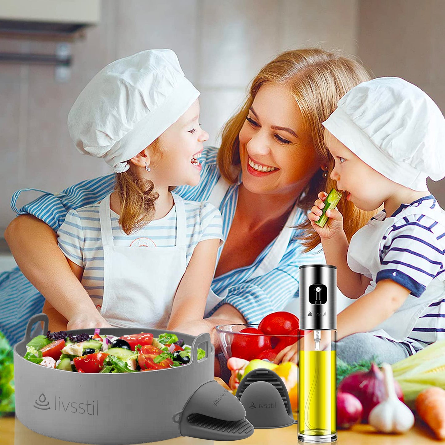 Silicone Air Fryer Liners 7.5 Inch with 2 Silicone Oven Mitts, Food Tongs, and Oil Sprayer 100ml.
