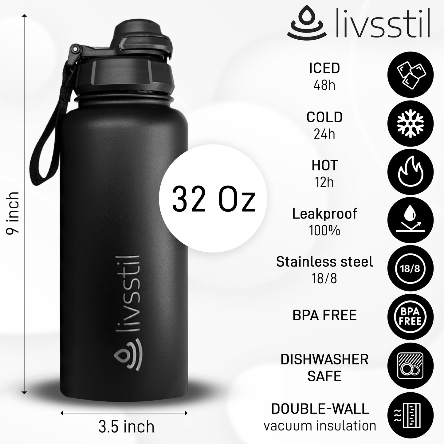 livsstil Stainless Steel Sports Water Bottle 32oz with 3 Lids.