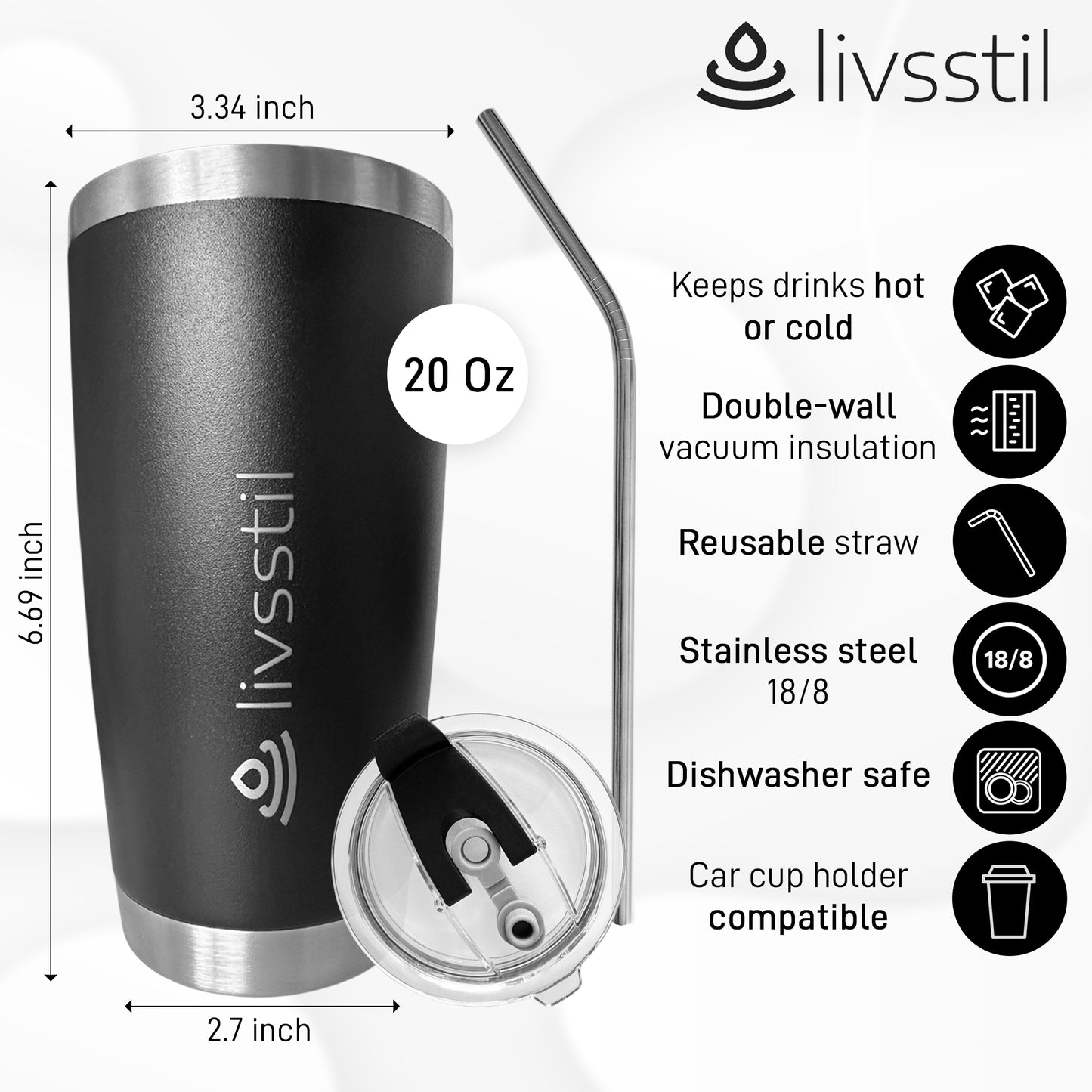 livsstil Stainless Steel Tumbler with Lid and Straw, 20 oz.