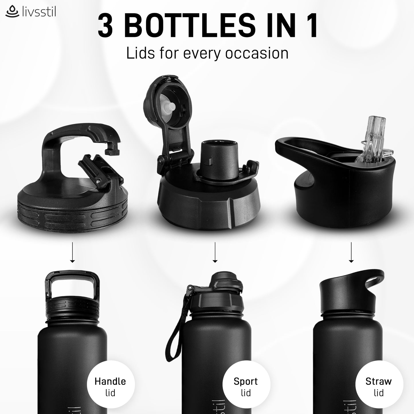 livsstil Stainless Steel Sports Water Bottle 32oz with 3 Lids.