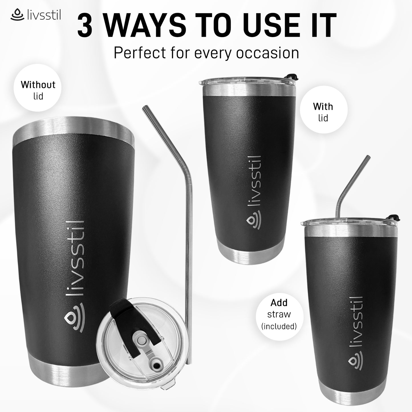 livsstil Stainless Steel Tumbler with Lid and Straw, 20 oz.