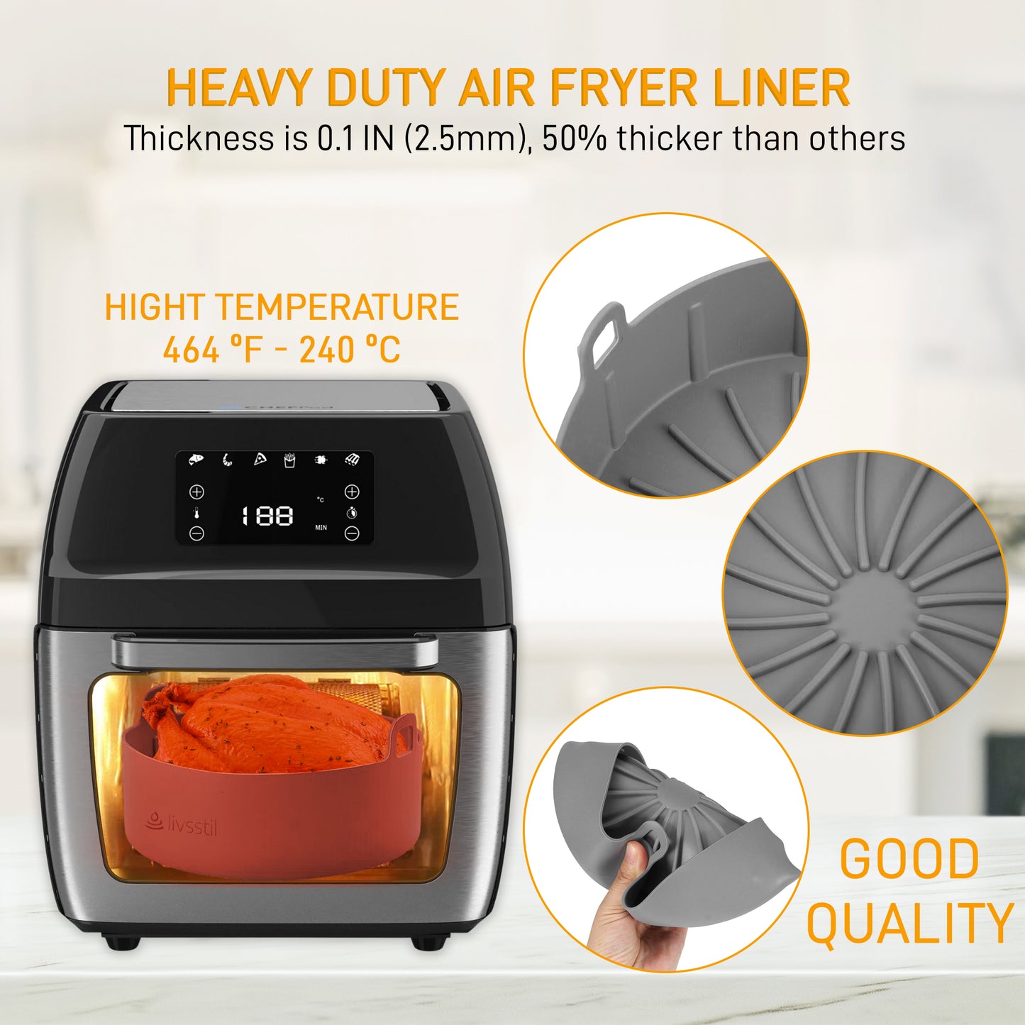 Silicone Air Fryer Liners 7.5 Inch with 2 Silicone Oven Mitts, Food Tongs, and Oil Sprayer 100ml.