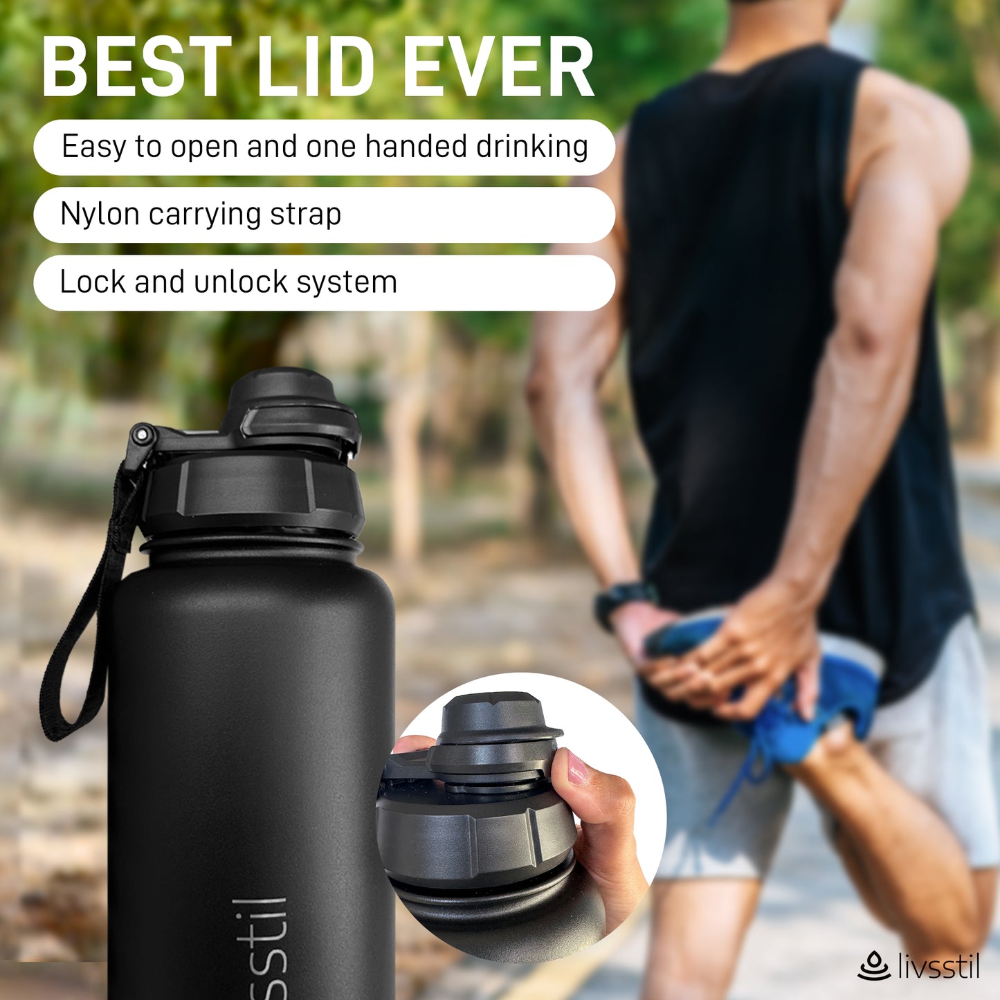 livsstil Stainless Steel Sports Water Bottle 32oz with 3 Lids.