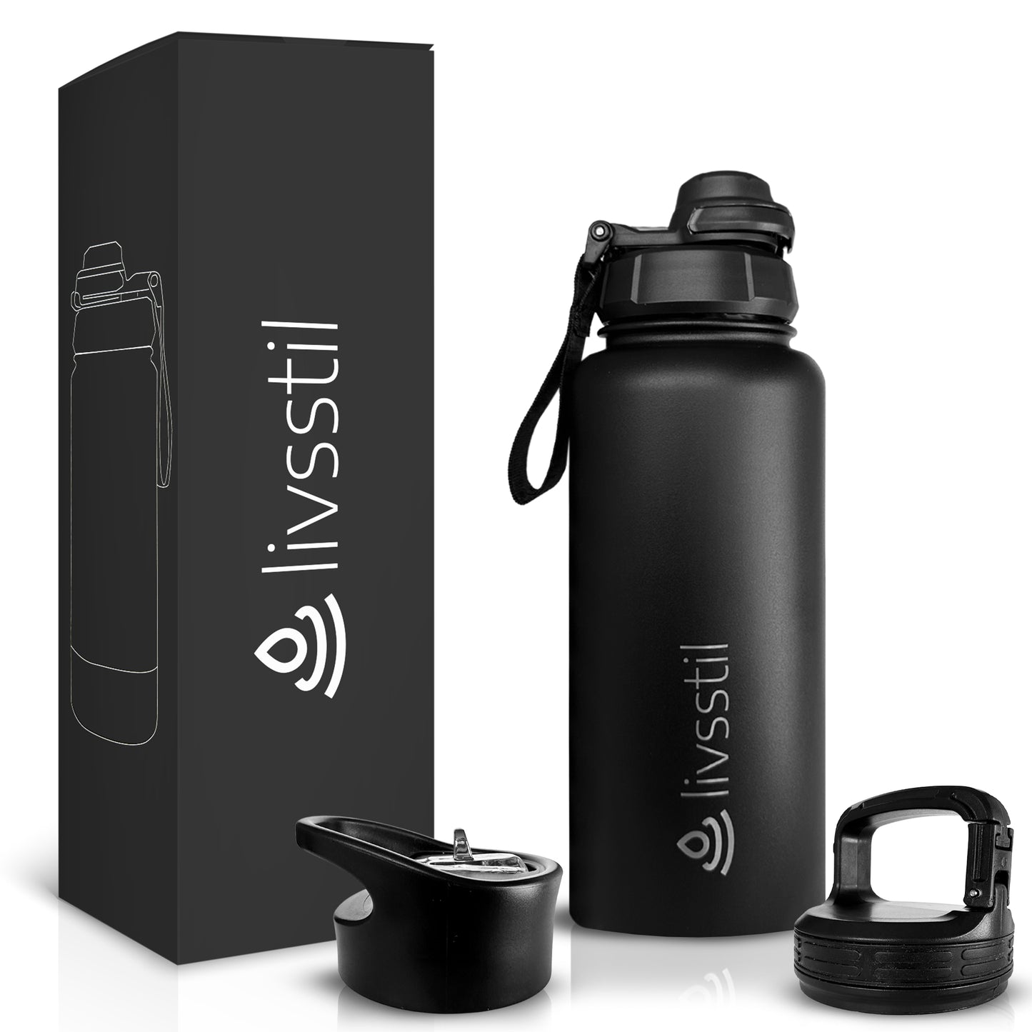 livsstil Stainless Steel Sports Water Bottle 32oz with 3 Lids.